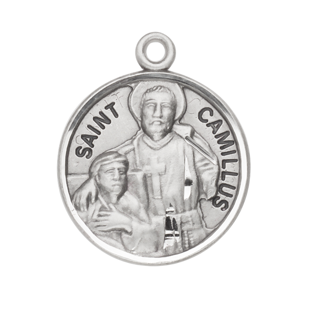 Saint Camillus Sterling Silver Round Medal Necklace — 20" Chain, Made in USA