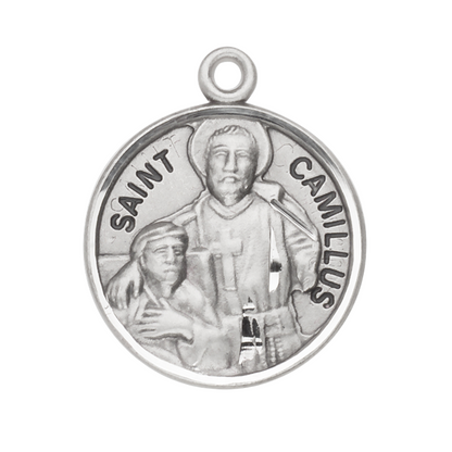 Saint Camillus Sterling Silver Round Medal Necklace — 20" Chain, Made in USA
