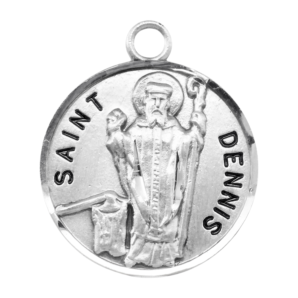 Saint Dennis Sterling Silver Round Medal Pendant — 20" Chain, Made in USA, Box