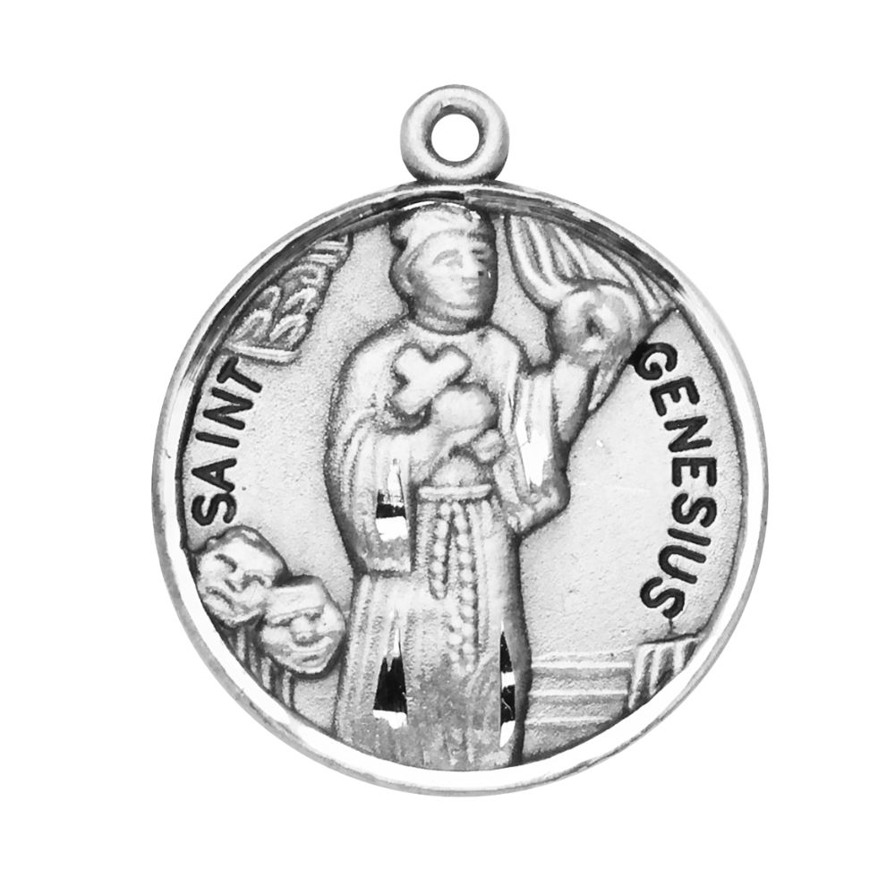 Saint Genesius Sterling Silver Round Medal Necklace — 20" Chain, Made in USA