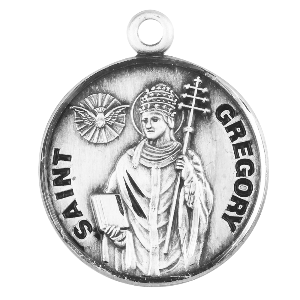 Saint Gregory Round Sterling Silver Medal Necklace — 20" Chain, Made in USA