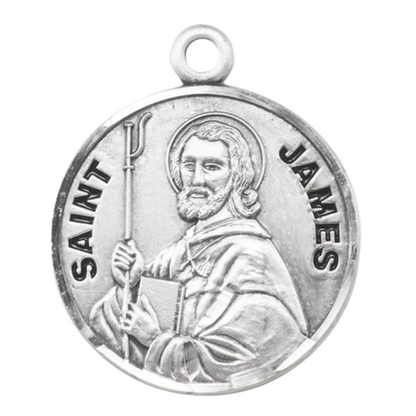 Saint James Sterling Silver Round Medal Necklace — 20 Inch Chain, Gift Box