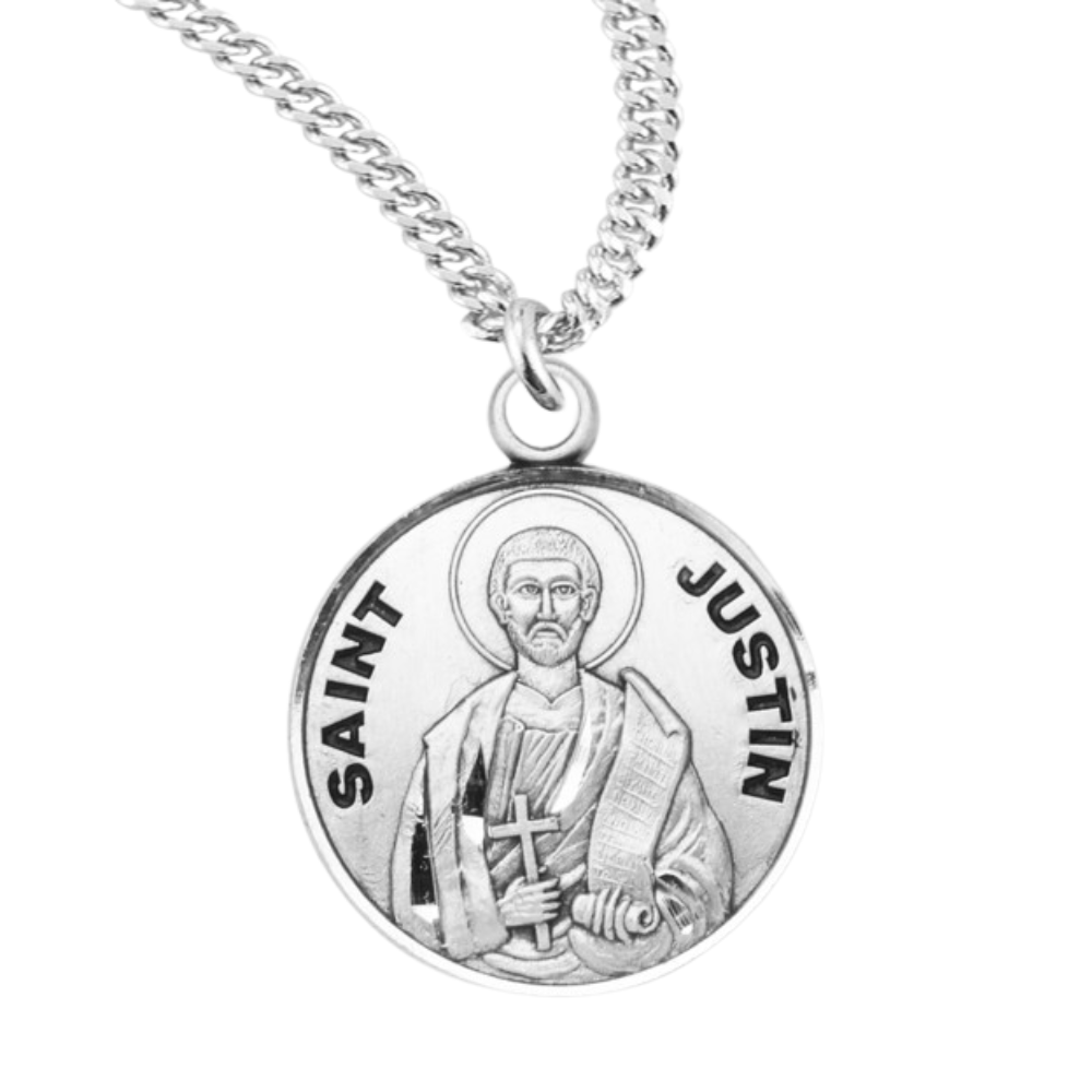 Patron Saint Justin Round Sterling Silver Medal, Catholic Gift, Made in USA