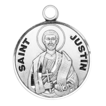 Saint Justin Sterling Silver Round Medal Necklace — 20" Chain, Made in USA, Gift Box