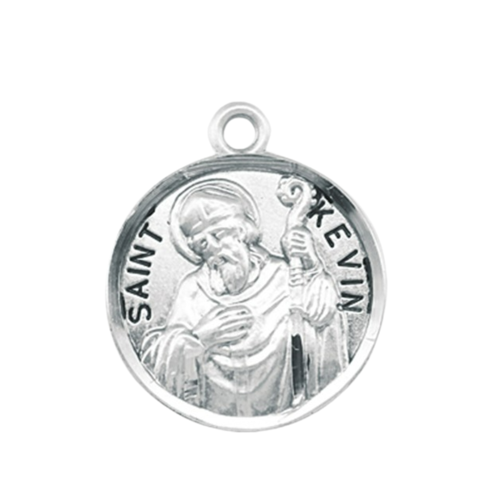Saint Kevin Sterling Silver Round Medal Necklace — 20" Chain, Gift Box Included