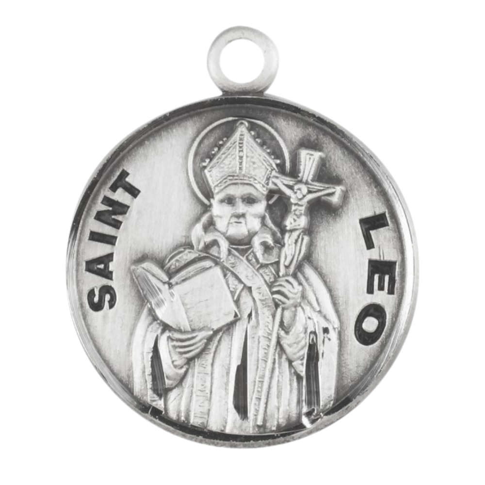 Saint Leo Round Sterling Silver Medal Pendant Necklace - 20 Inch Chain, USA
