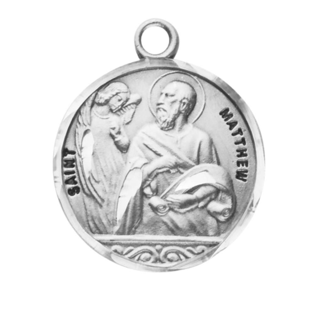 Saint Matthew Sterling Silver Round Medal Pendant Necklace, 20 Inch Chain