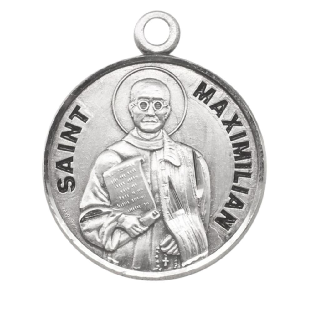 Saint Maximilian Round Sterling Silver Medal — 20" Chain, Made in USA, Gift Box