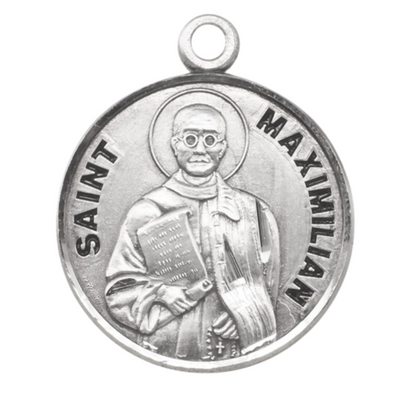 Saint Maximilian Round Sterling Silver Medal — 20" Chain, Made in USA, Gift Box