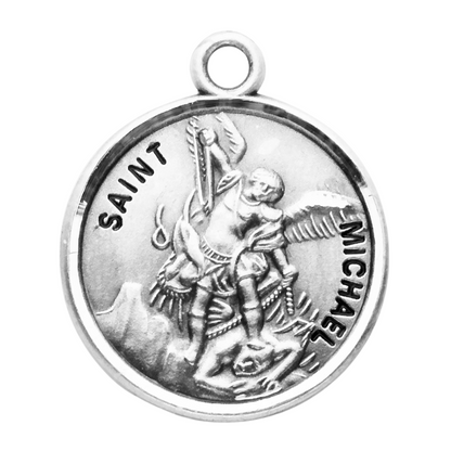 Saint Michael Round Sterling Silver Medal Necklace — 20" Chain, Gift Box Included