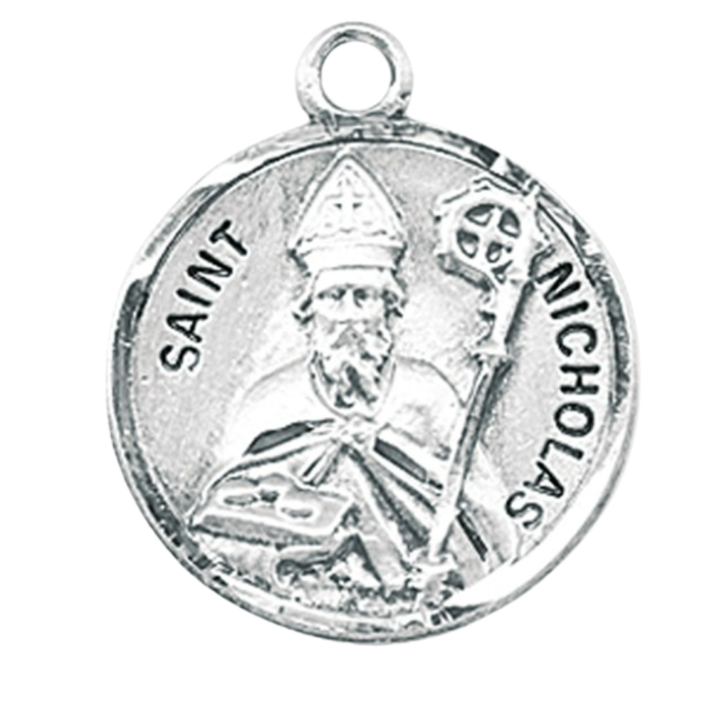 Saint Nicholas Round Sterling Silver Medal Necklace — 20" Chain, Gift Box