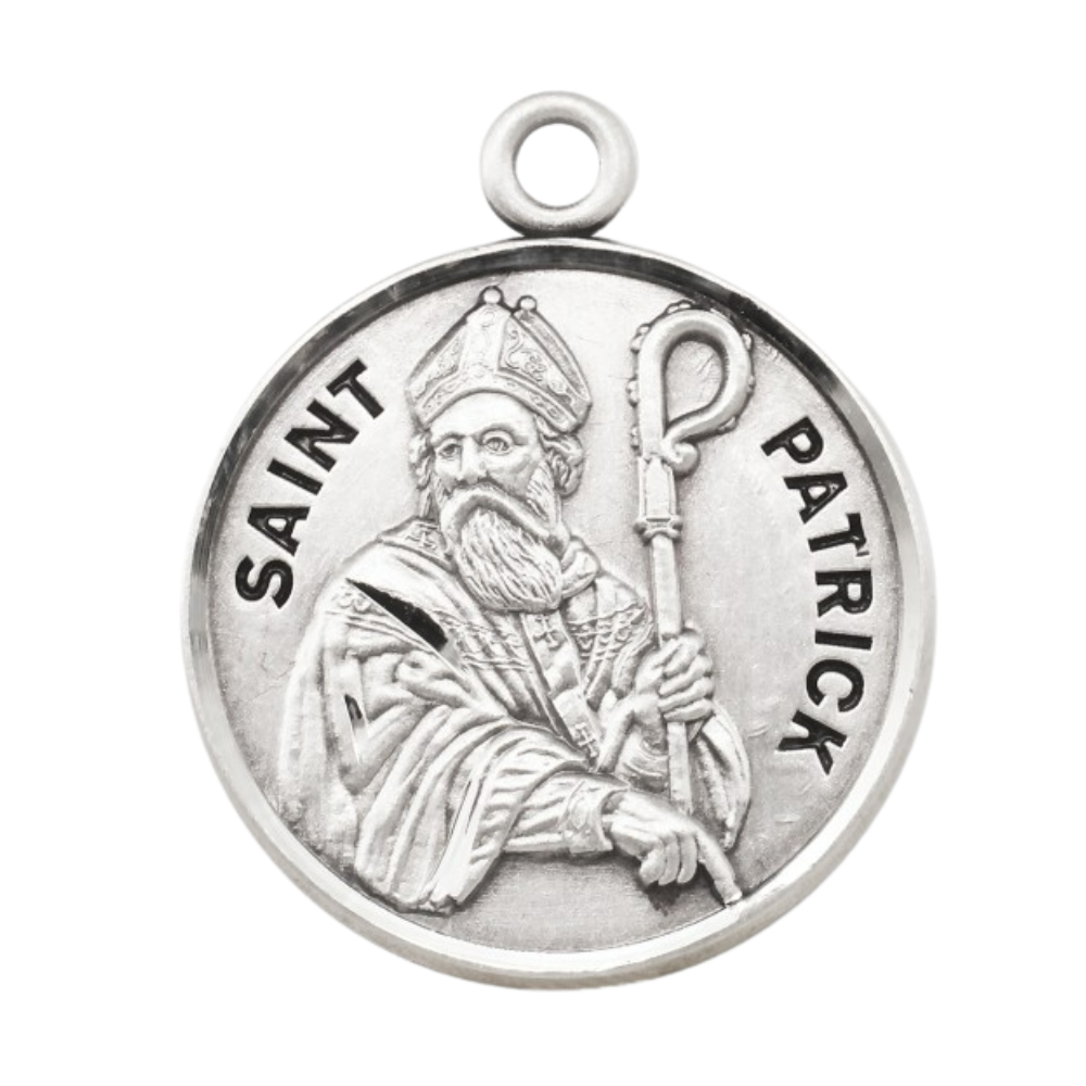 Saint Patrick Sterling Silver Round Medal Pendant — 20" Chain, Made in USA