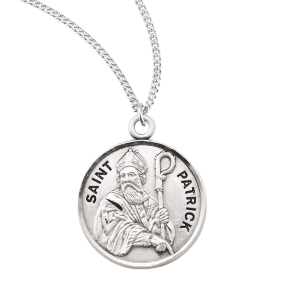 Sterling Silver Round St. Patrick Medal, 20" Rhodium Plated Stainless Steel Chain, Made in USA- Deluxe Velvet Gift Box Included