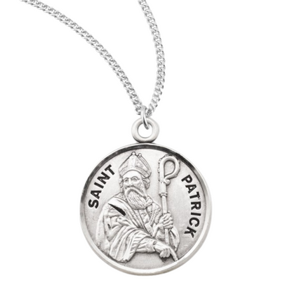 Sterling Silver Round St. Patrick Medal, 20" Rhodium Plated Stainless Steel Chain, Made in USA- Deluxe Velvet Gift Box Included
