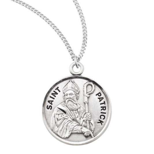 Sterling Silver Round St. Patrick Medal, 20" Rhodium Plated Stainless Steel Chain, Made in USA- Deluxe Velvet Gift Box Included