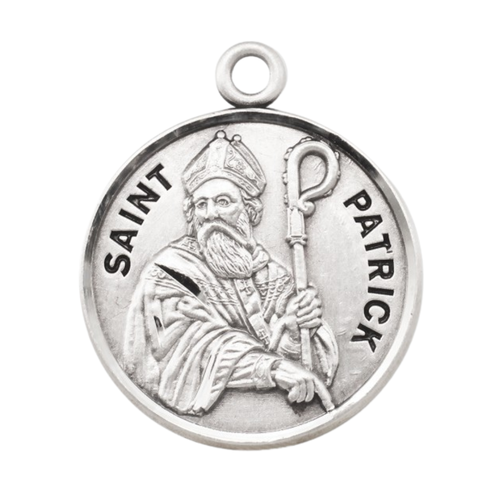 Sterling Silver Round St. Patrick Medal, 20" Rhodium Plated Stainless Steel Chain, Made in USA- Deluxe Velvet Gift Box Included