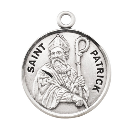 Sterling Silver Round St. Patrick Medal, 20" Rhodium Plated Stainless Steel Chain, Made in USA- Deluxe Velvet Gift Box Included
