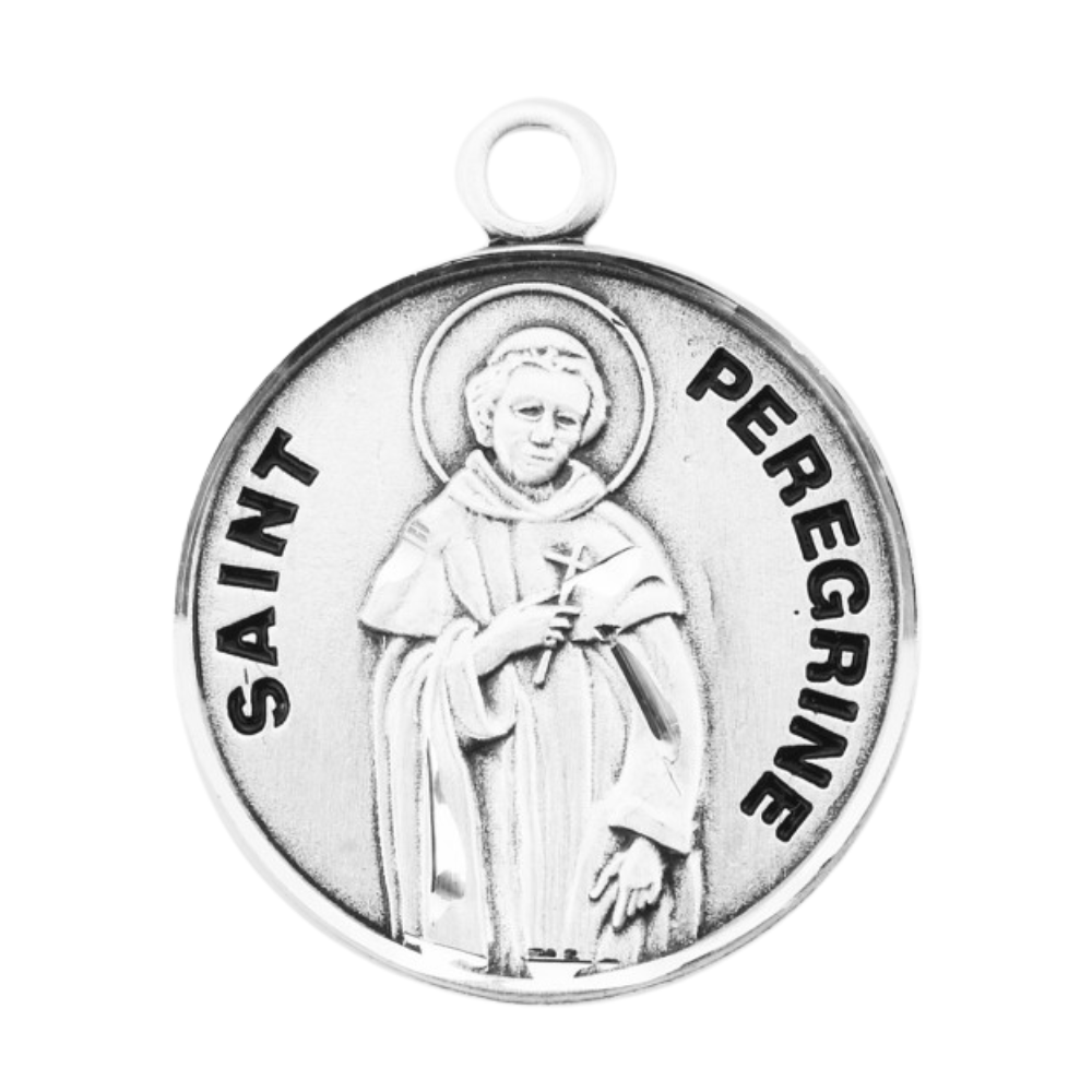 Saint Peregrine Sterling Silver Round Medal Necklace — 20" Chain, Made in USA