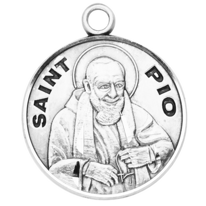 Saint Pio Sterling Silver Round Medal Necklace — 20" Chain, Gift Box Included