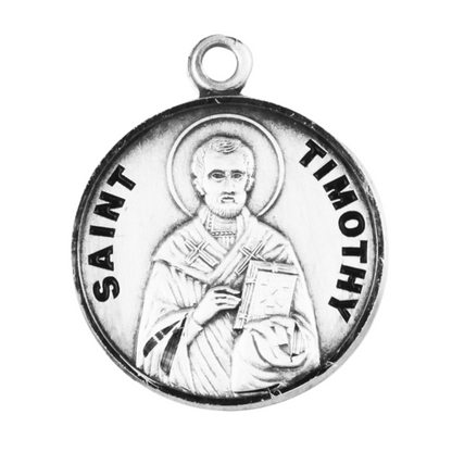 Saint Timothy Sterling Silver Medal Pendant Necklace — 20" Chain, Made in USA