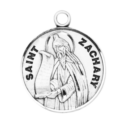 Saint Zachary Sterling Silver Round Medal Pendant — 20" Chain, Made in USA