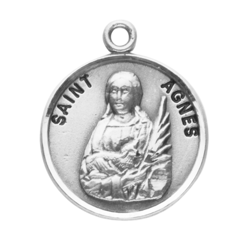 Saint Agnes Sterling Silver Round Medal Pendant — 18" Chain, Made in USA