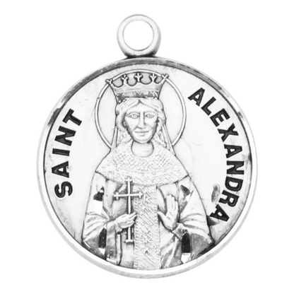 Saint Alexandra Sterling Silver Round Medal Pendant — 18" Chain, Made in USA