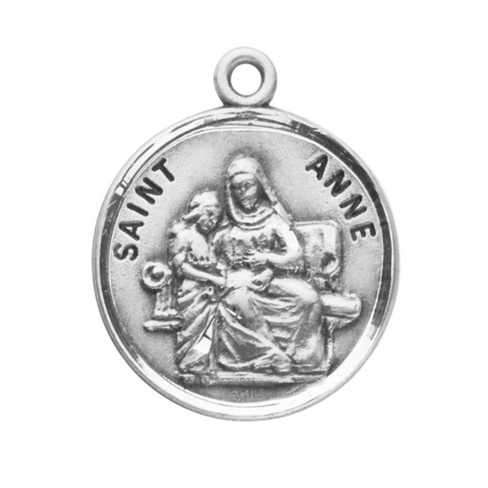 Saint Anne Sterling Silver Round Medal Pendant — 18" Chain, Gift Box, Made in USA