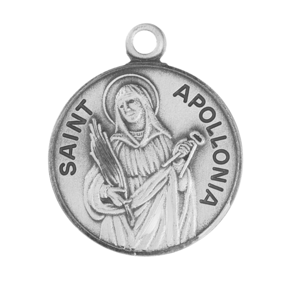 Saint Apollonia Sterling Silver Round Medal Necklace — 18" Chain, Gift Box