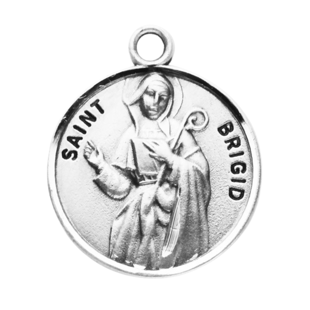 Sterling Silver Round St. Brigid Medal, 18" Rhodium Plated Stainless Steel Chain, Made in USA- Deluxe Velvet Gift Box Included