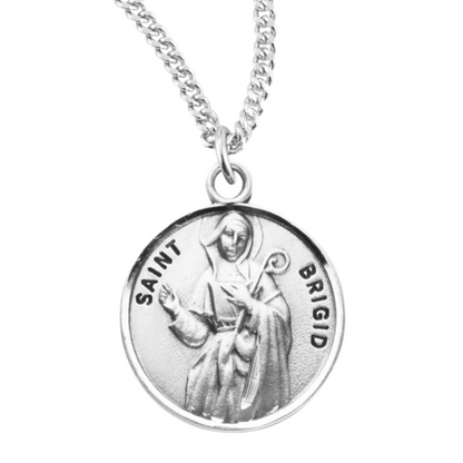 Sterling Silver Round St. Brigid Medal, 18" Rhodium Plated Stainless Steel Chain, Made in USA- Deluxe Velvet Gift Box Included