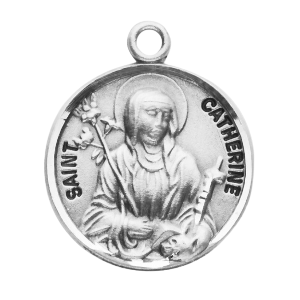 Saint Catherine Sterling Silver Round Medal Necklace — 18" Chain, Made in USA