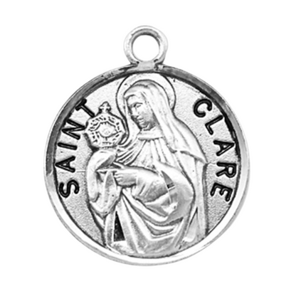 Saint Clare Sterling Silver Round Medal Pendant — 18" Chain, Gift Box Included