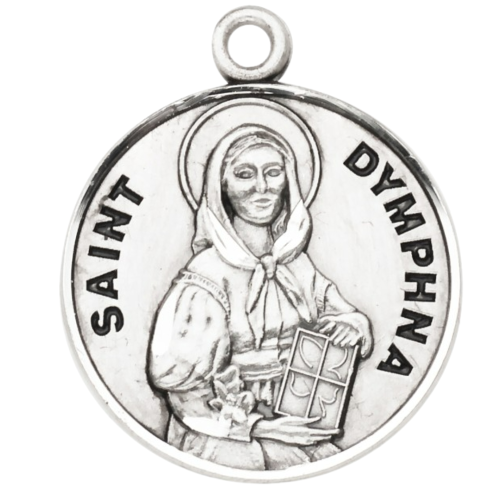 Saint Dymphna Round Sterling Silver Medal Necklace — 18" Chain, Gift Box Included