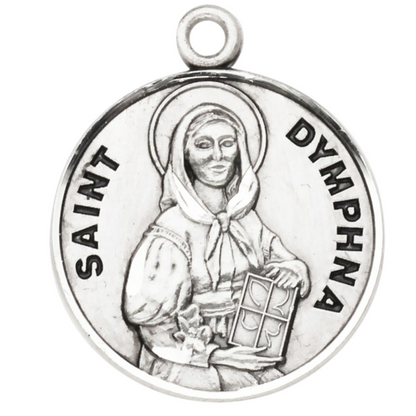Saint Dymphna Round Sterling Silver Medal Necklace — 18" Chain, Gift Box Included