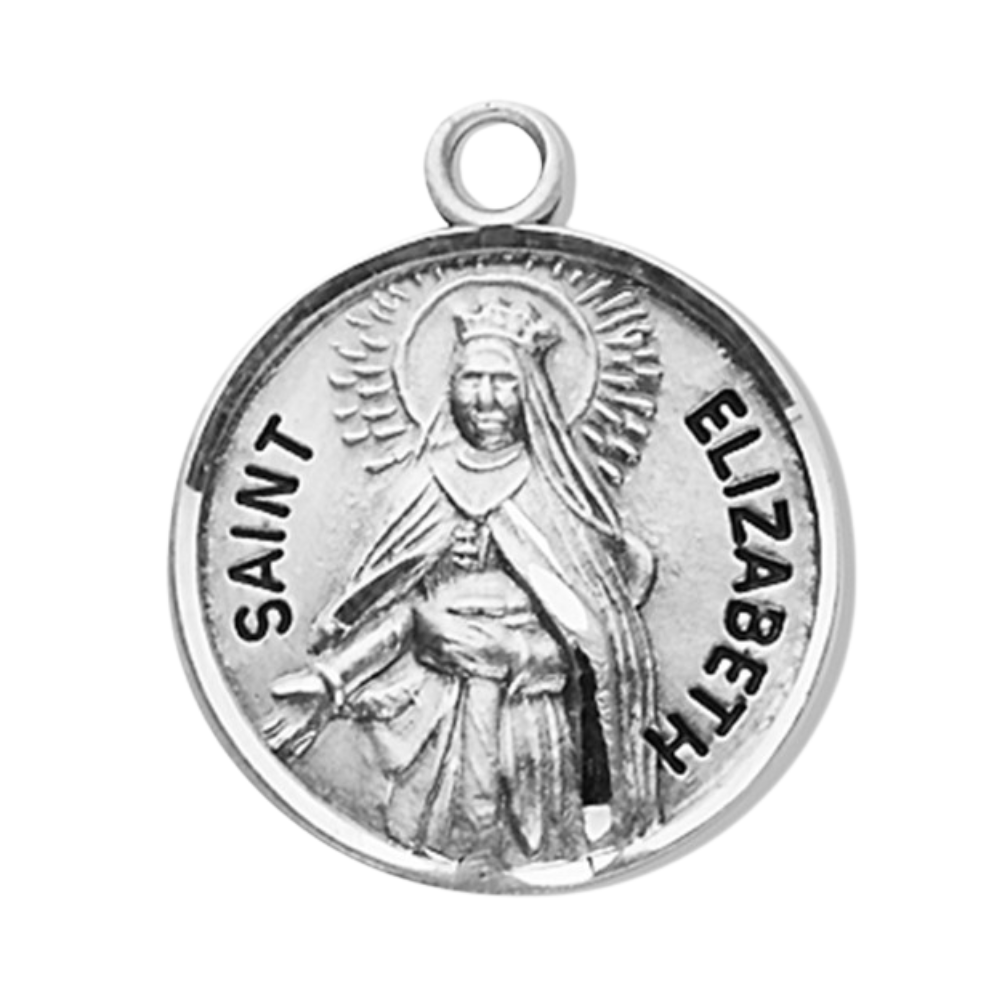 Saint Elizabeth Sterling Silver Round Medal Necklace — 18" Chain, Gift Box