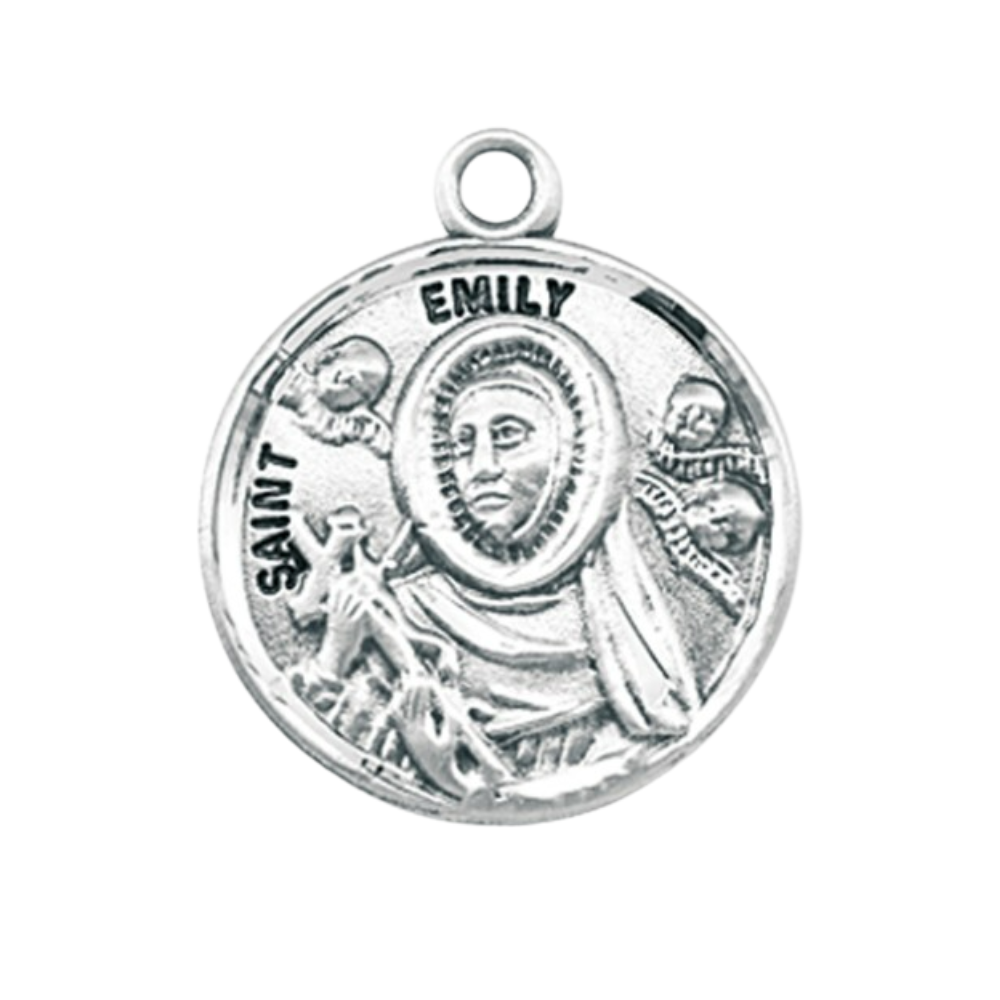 Saint Emily Sterling Silver Round Medal Pendant Necklace - 18 Inch Chain, Boxed