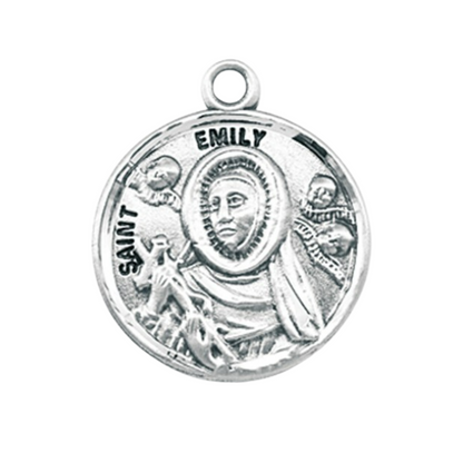 Saint Emily Sterling Silver Round Medal Pendant Necklace - 18 Inch Chain, Boxed