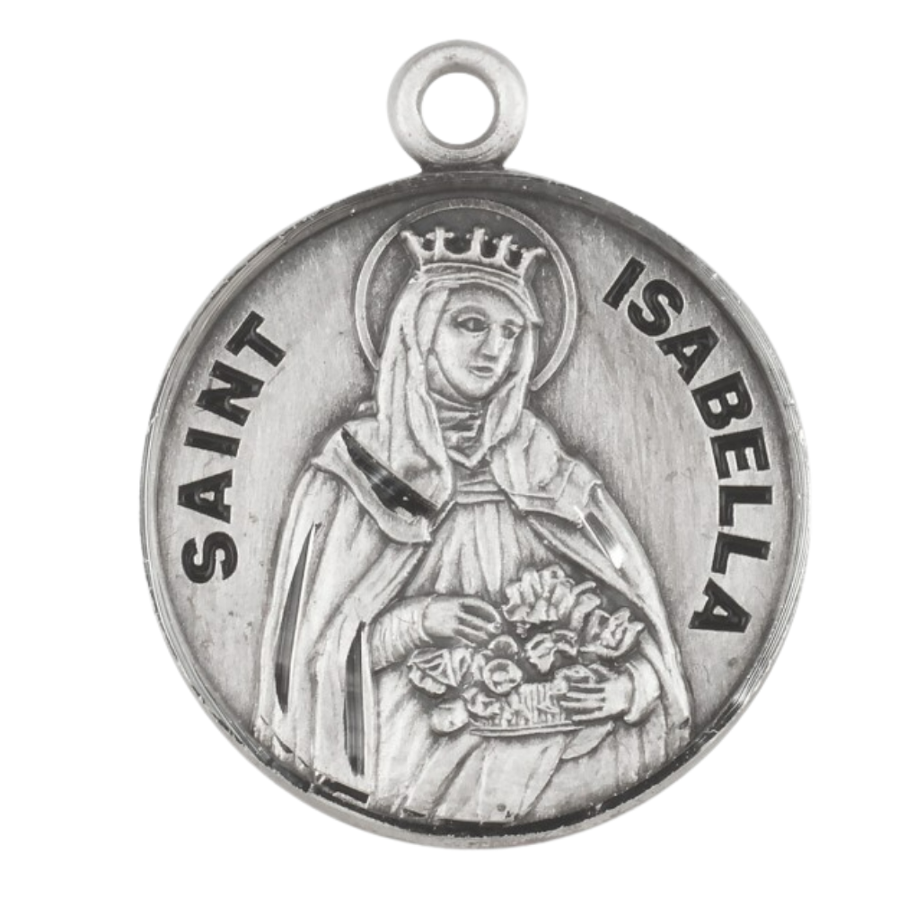 Saint Isabella Sterling Silver Round Medal Pendant — 18" Chain, Made in USA