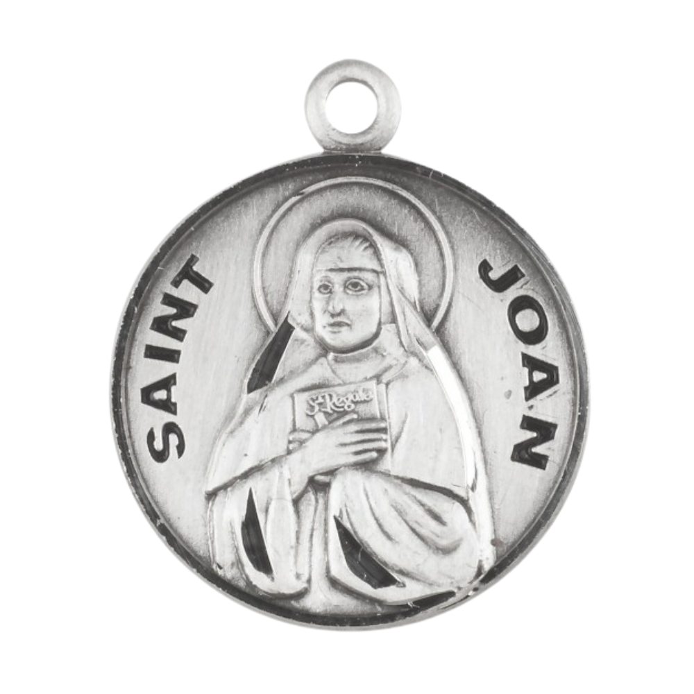 Saint Joan Round Sterling Silver Medal — 18" Chain, Gift Box Included