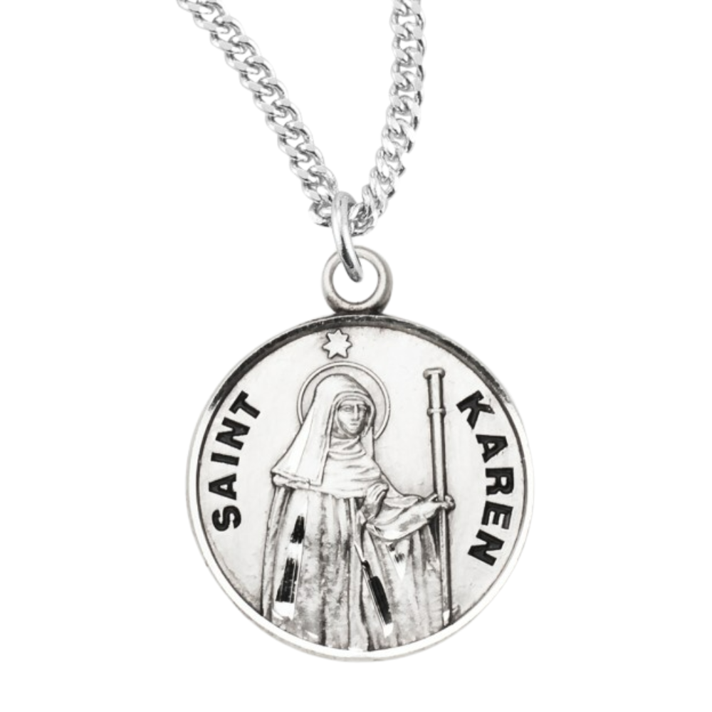Patron Saint Karen Round Sterling Silver Medal, Catholic Gift, Made in USA