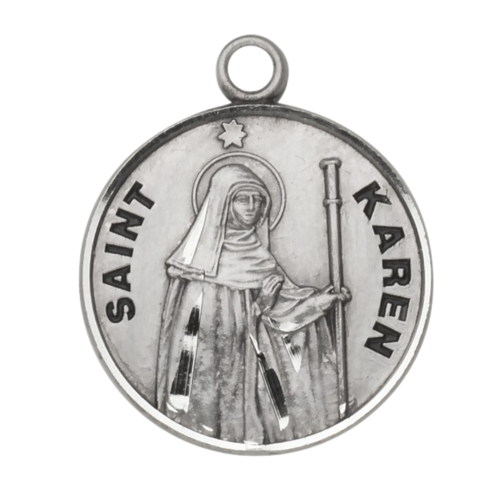 Saint Karen Sterling Silver Round Medal Necklace — 18" Chain, Gift Box
