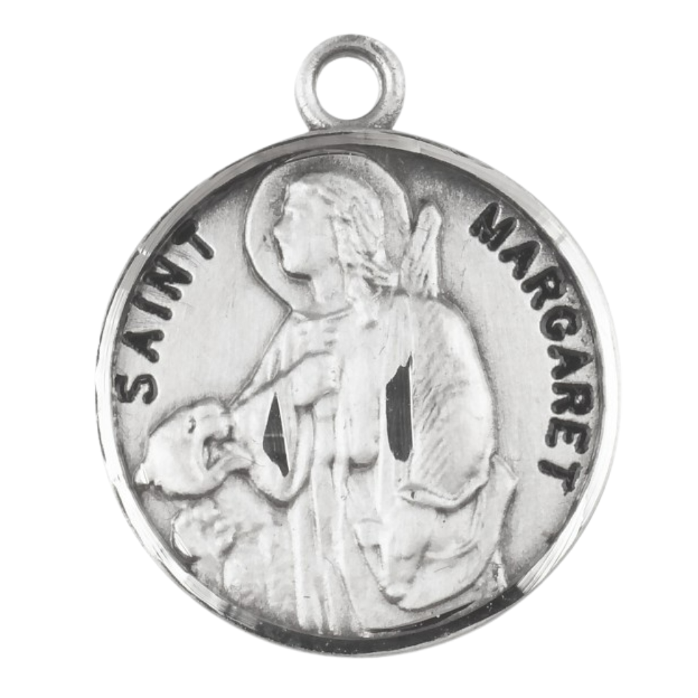 Saint Margaret Round Sterling Silver Medal Necklace — 18" Chain, Gift Boxed