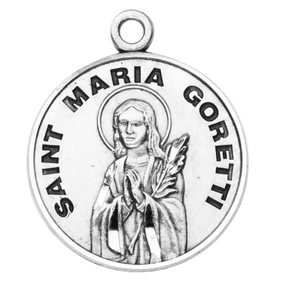 Saint Maria Goretti Sterling Silver Round Medal Pendant — 18" Chain, Gift Box