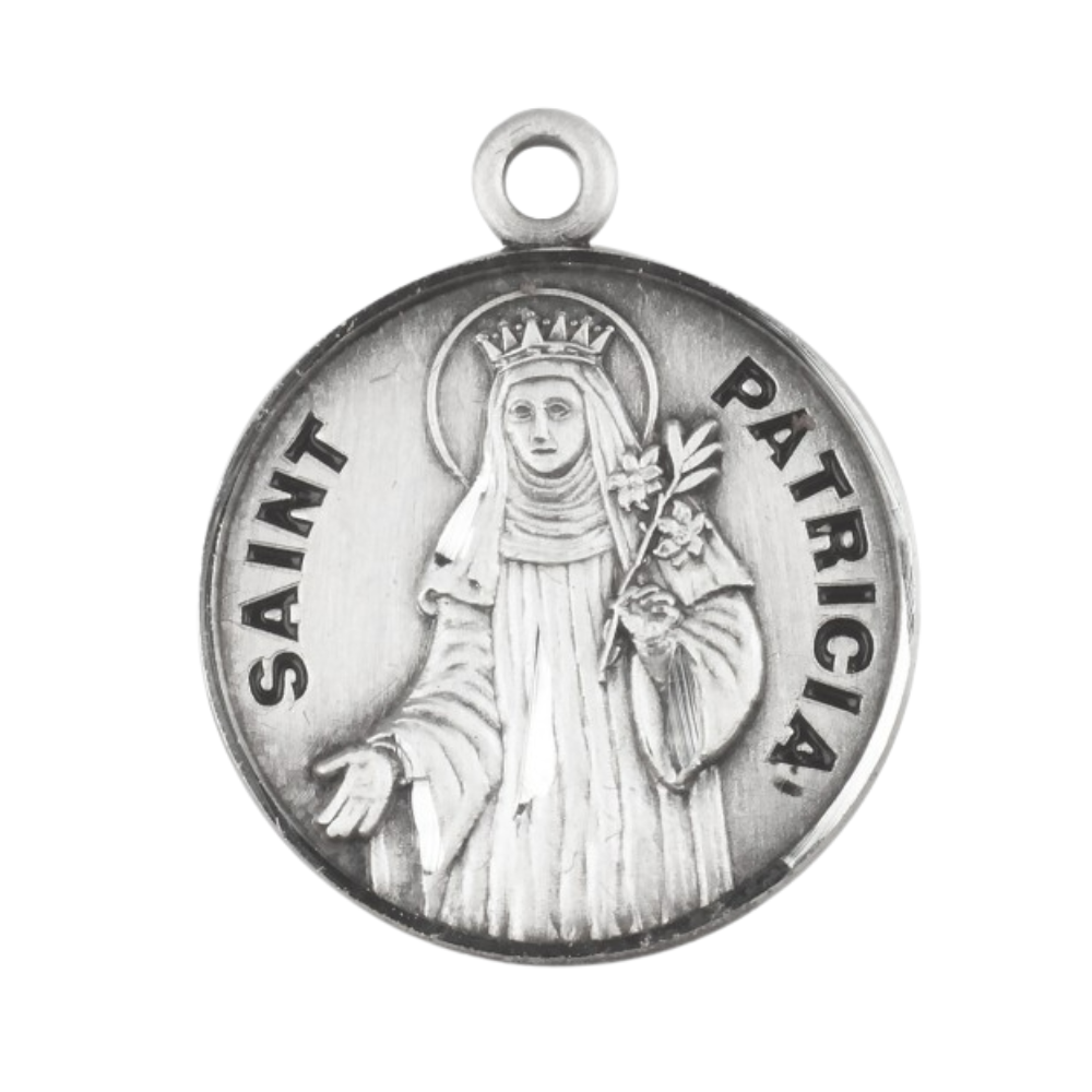 Saint Patricia Sterling Silver Round Medal Pendant — 18" Chain, Gift Box