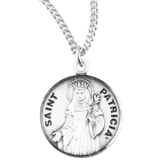 Sterling Silver Round St. Patricia Medal, 18" Rhodium Plated Stainless Steel Chain, Made in USA- Deluxe Velvet Gift Box Included