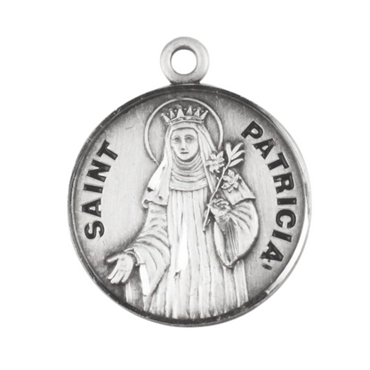 Sterling Silver Round St. Patricia Medal, 18" Rhodium Plated Stainless Steel Chain, Made in USA- Deluxe Velvet Gift Box Included