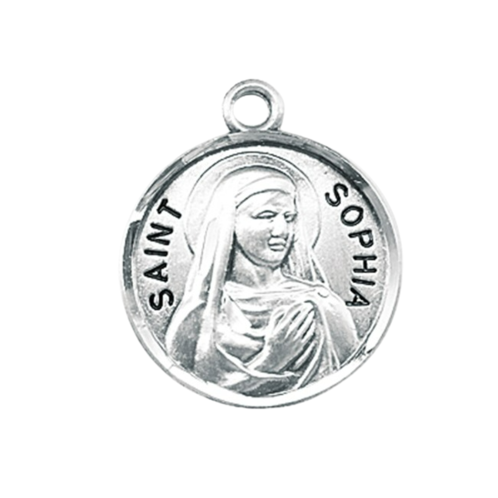 Saint Sophia Sterling Silver Round Medal Necklace — 18" Chain, Made in USA
