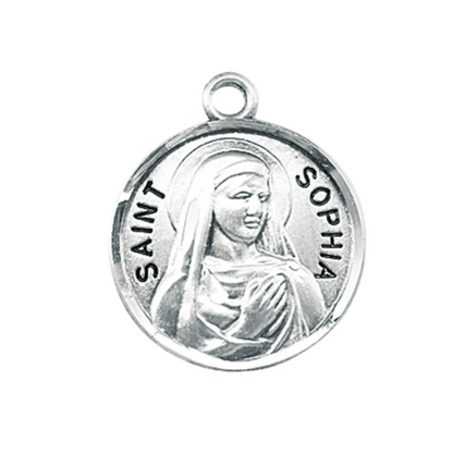 Saint Sophia Sterling Silver Round Medal Necklace — 18" Chain, Made in USA