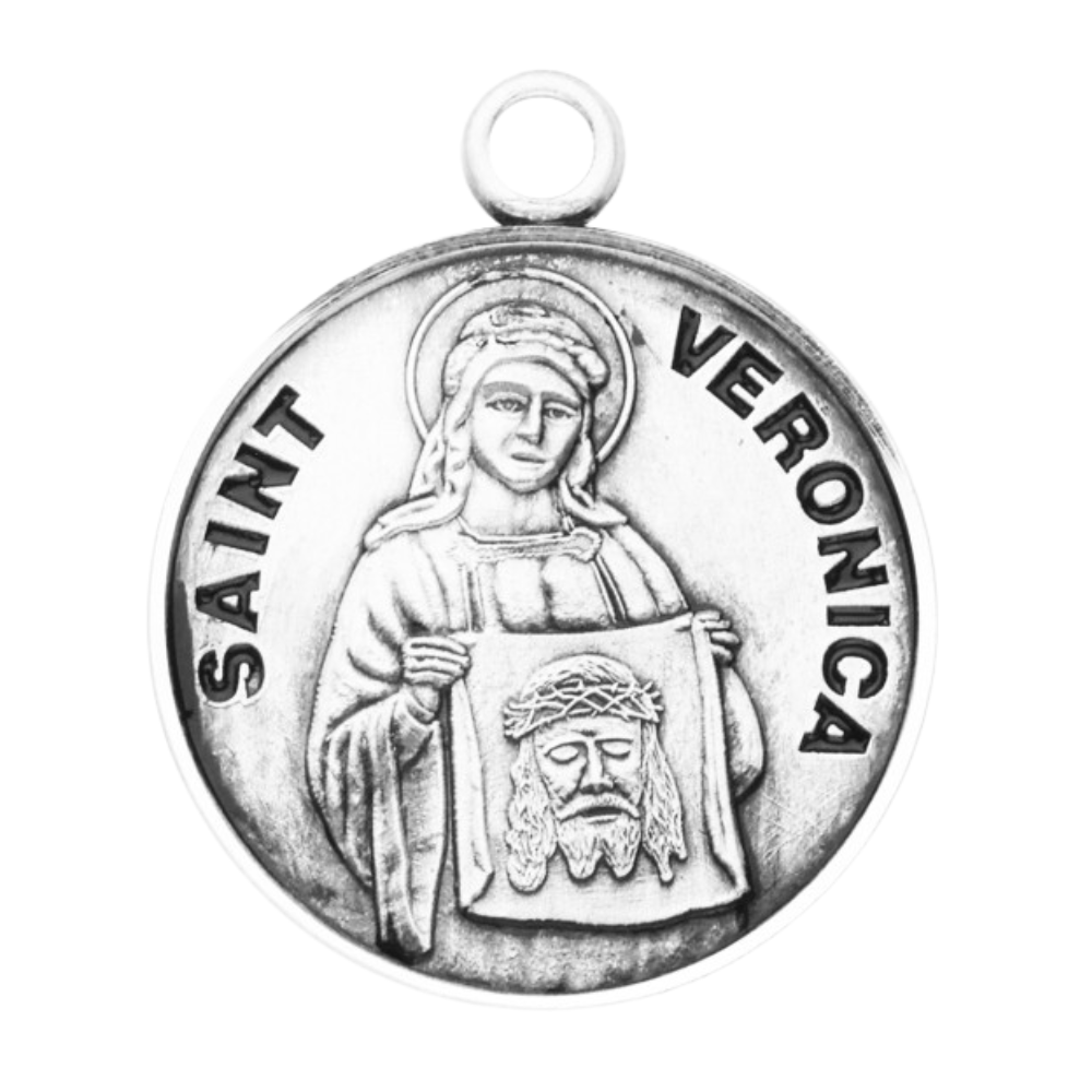 Saint Veronica Sterling Silver Round Medal Pendant — 18" Chain, Gift Box Included